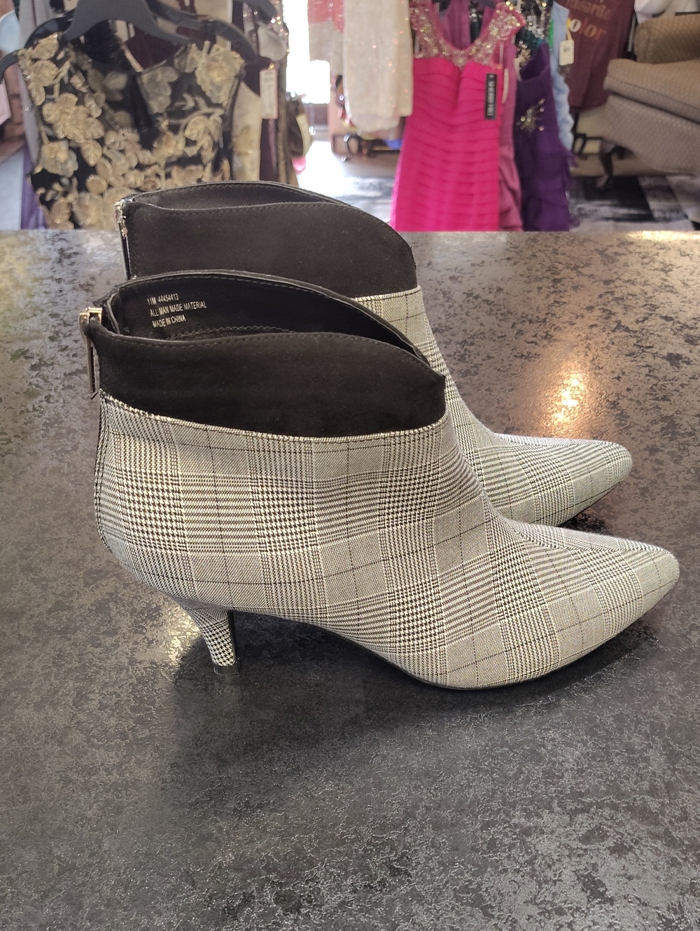 Plaid Pointed-Toe Kitten-Heel Ankle Boots in Black and White
